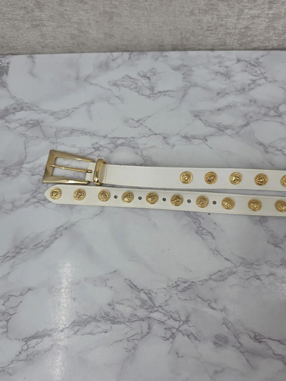 Vintage White Italian Leather Belt with Gold Tone Lion Head Medallion Studs